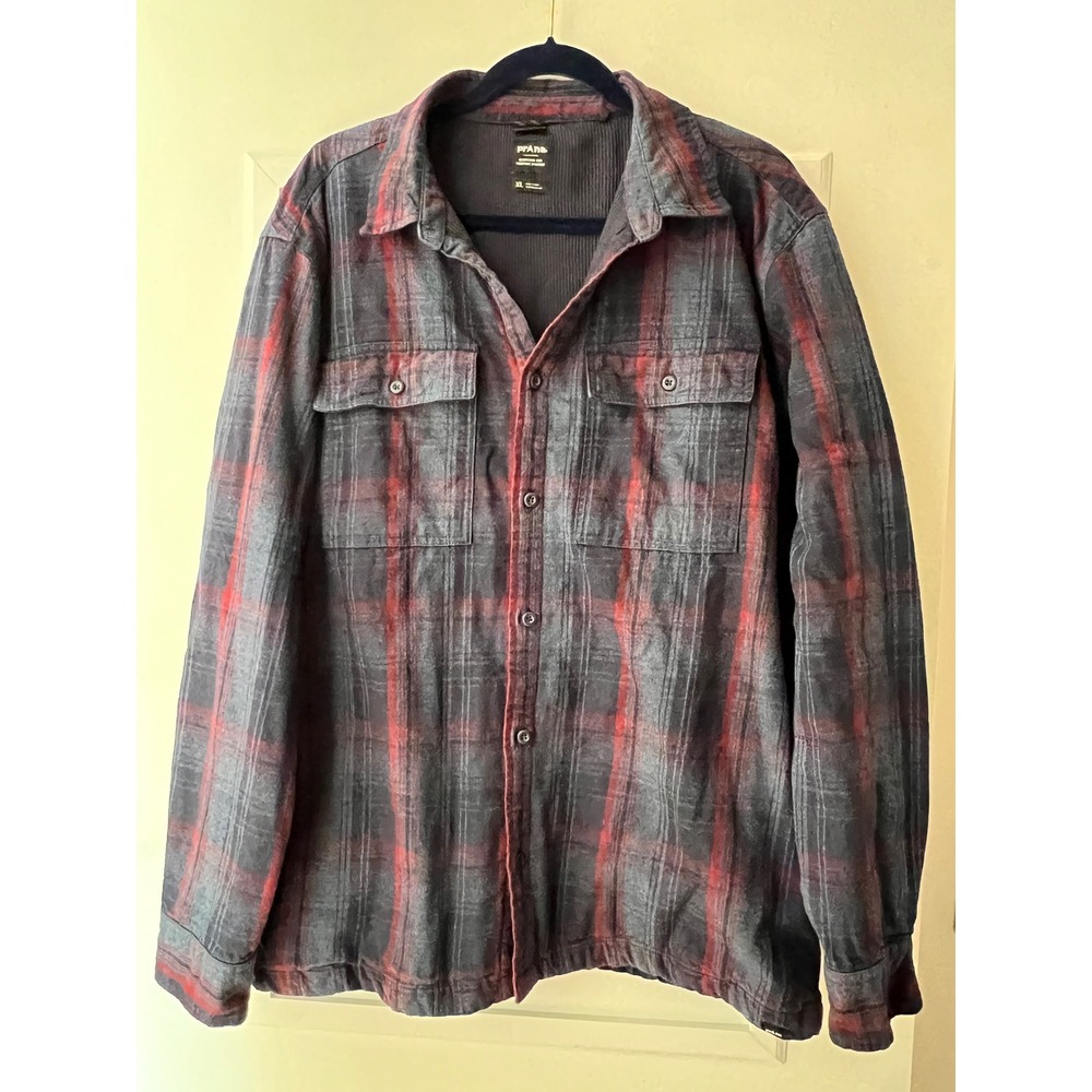 Prana Mens XL Plaid Flannel Shirt Jacket Thermal Lined Grey Red Standard Fit